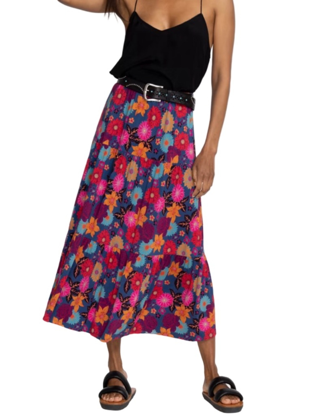 Johnny Was Merida Floral Tiered Midi Skirt Small Blue Boho